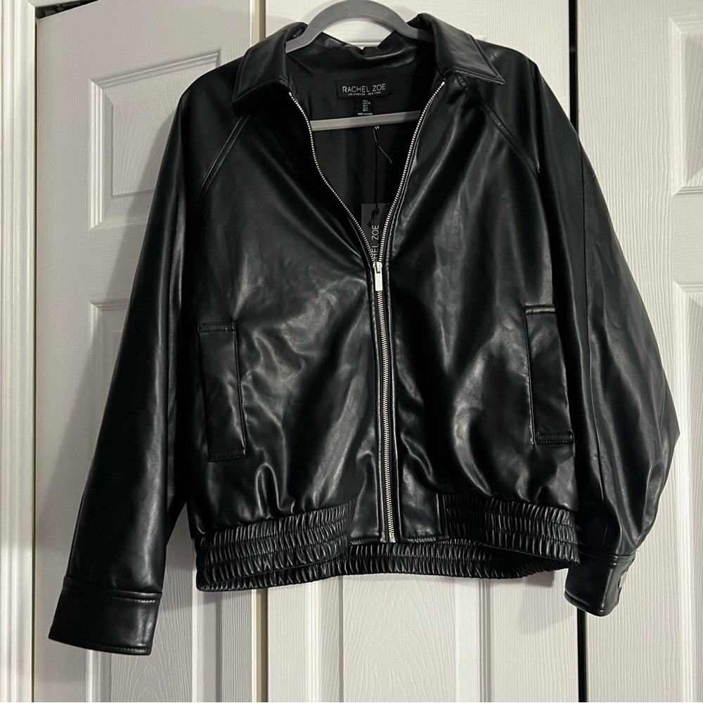 NWOT Faux Black Leather Bomber Jacket (L)